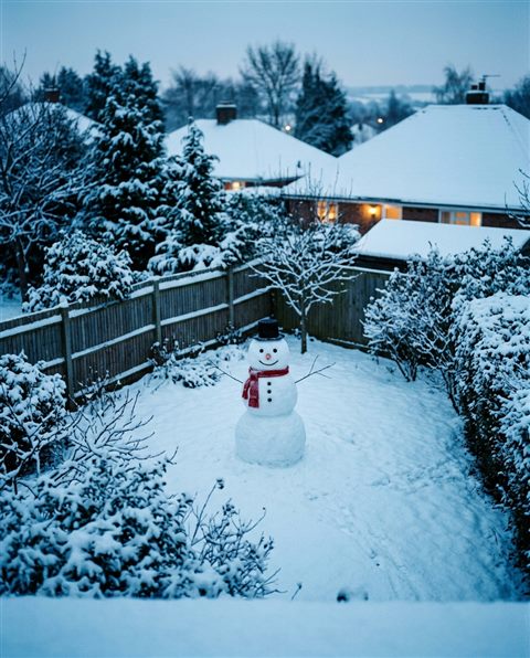 Cinematic film still of snowman in a snowy yard, high-angle view from above, cool blue tones, quiet atmosphere, 4:5 aspect ratio