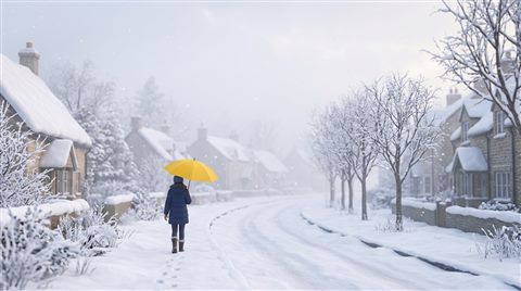 Soft 3D render of A person walking down a peaceful snow-covered street with a yellow umbrella, wide shot with open space at the top for text, misty morning haze, dreamy, 16:9 aspect ratio