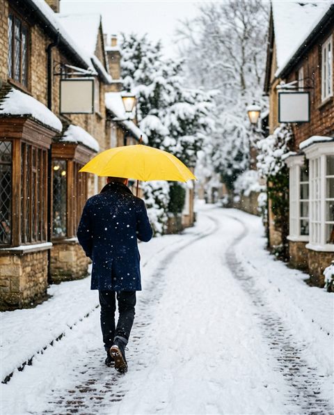 Cinematic film still of A person walking down a peaceful snow-covered street with a yellow umbrella, close-up detail with shallow depth of field, vivid colors, high contrast, energetic, 4:5 aspect ratio