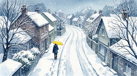 Watercolor illustration of A person walking down a peaceful snow-covered street with a yellow umbrella, high-angle view from above, cool blue tones, quiet atmosphere, 16:9 aspect ratio