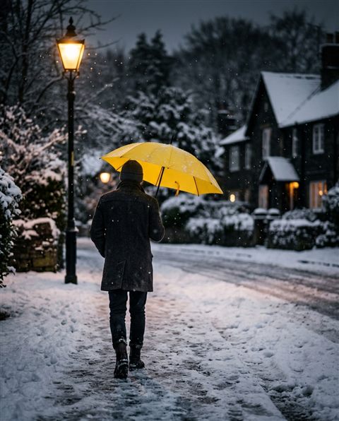 Photorealistic photo of A person walking down a peaceful snow-covered street with a yellow umbrella, close-up detail with shallow depth of field, moody dark tones, dramatic lighting, 4:5 aspect ratio