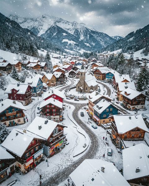 Cinematic film still of a cozy small village covered in fresh white snow during a gentle snowfall, high-angle view from above, vivid colors, high contrast, energetic, 4:5 aspect ratio