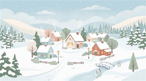 Minimal flat illustration of a cozy small village covered in fresh white snow during a gentle snowfall, centered subject with a simple uncluttered composition, soft pastel colors, bright and cozy, 16:9 aspect ratio