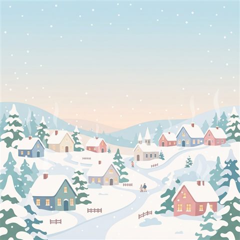 Minimal flat illustration of a cozy small village covered in fresh white snow during a gentle snowfall, wide shot with open space at the top for text, soft pastel colors, bright and cozy, 1:1 aspect ratio