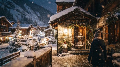 Cinematic film still of a cozy small village covered in fresh white snow during a gentle snowfall, close-up detail with shallow depth of field, vivid colors, high contrast, energetic, 16:9 aspect ratio