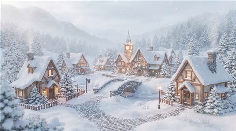 Soft 3D render of a cozy small village covered in fresh white snow during a gentle snowfall, centered subject with a simple uncluttered composition, misty morning haze, dreamy, 16:9 aspect ratio