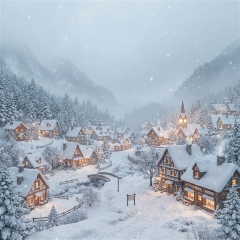 Soft 3D render of a cozy small village covered in fresh white snow during a gentle snowfall, wide shot with open space at the top for text, misty morning haze, dreamy, 1:1 aspect ratio