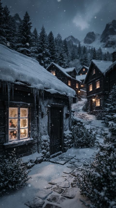 Photorealistic photo of a cozy small village covered in fresh white snow during a gentle snowfall, close-up detail with shallow depth of field, moody dark tones, dramatic lighting, 9:16 aspect ratio