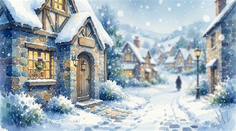 Watercolor illustration of a cozy small village covered in fresh white snow during a gentle snowfall, close-up detail with shallow depth of field, cool blue tones, quiet atmosphere, 16:9 aspect ratio