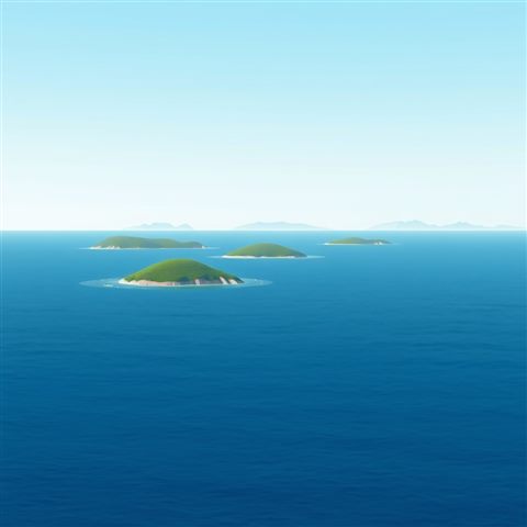 Minimal flat illustration of Calm, deep blue ocean waters dotted with small, hazy green islands under a serene, clear horizon., close-up detail with shallow depth of field, soft pastel colors, bright and cozy, 1:1 aspect ratio