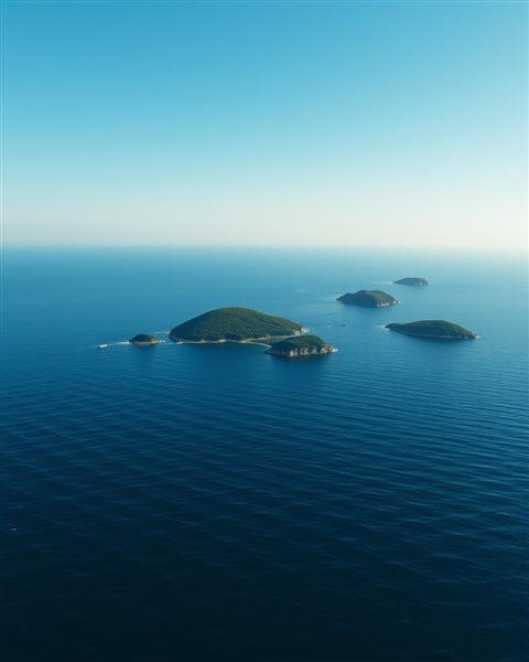 Cinematic film still of Calm, deep blue ocean waters dotted with small, hazy green islands under a serene, clear horizon., wide shot with open space at the top for text, vivid colors, high contrast, energetic, 4:5 aspect ratio
