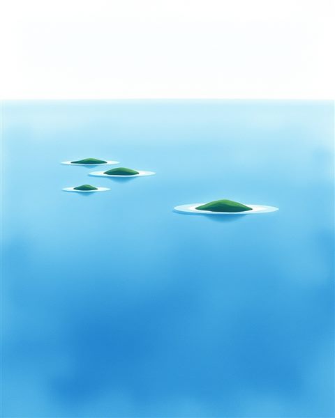 Watercolor illustration of Calm, deep blue ocean waters dotted with small, hazy green islands under a serene, clear horizon., wide shot with open space at the top for text, cool blue tones, quiet atmosphere, 4:5 aspect ratio