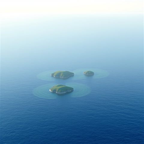 Soft 3D render of Calm, deep blue ocean waters dotted with small, hazy green islands under a serene, clear horizon., close-up detail with shallow depth of field, misty morning haze, dreamy, 1:1 aspect ratio