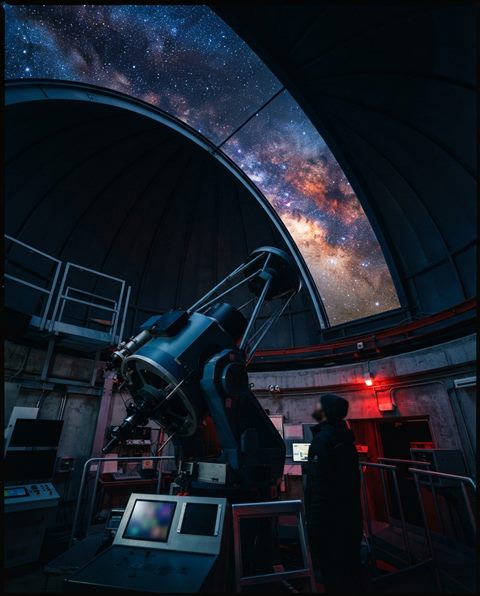 Cinematic film still of a telescope pointing toward distant stars, wide shot with open space at the top for text, vivid colors, high contrast, energetic, 4:5 aspect ratio