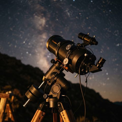 Photorealistic photo of a telescope pointing toward distant stars, close-up detail with shallow depth of field, warm golden light, calm mood, 1:1 aspect ratio