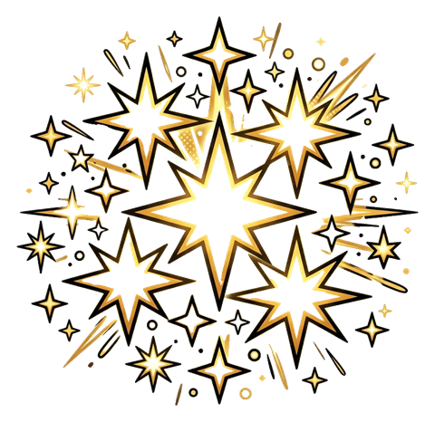 Glowing white and gold, comic style of a cluster of shining sparkle stars, transparent background PNG
