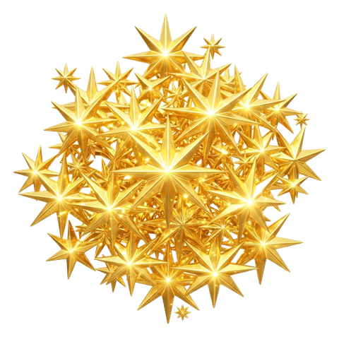 Golden 3D render of a cluster of shining sparkle stars, transparent background PNG