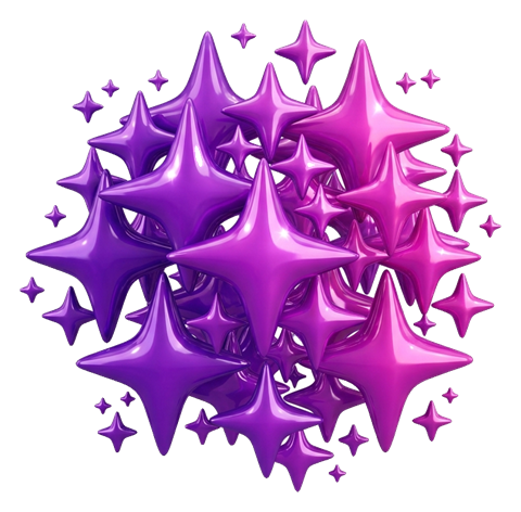 Glossy 3D render, purple and pink gradient of a cluster of shining sparkle stars, transparent background PNG