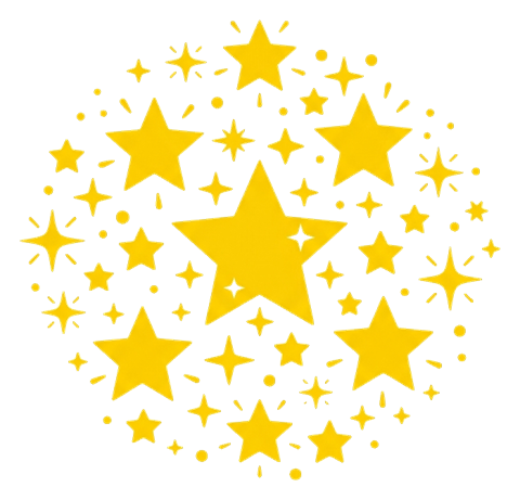 Yellow flat vector style of a cluster of shining sparkle stars, transparent background PNG
