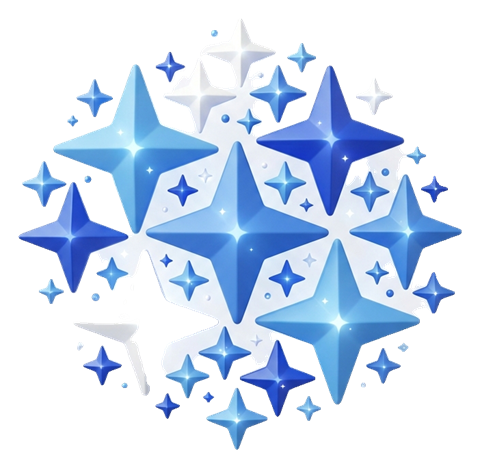Matte 3D render, blue and white color scheme of a cluster of shining sparkle stars, transparent background PNG