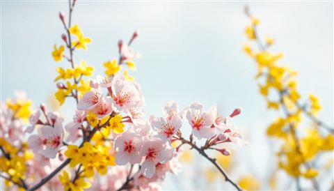 Soft 3D render of Close-up of delicate pink cherry blossoms and yellowForsythia branches blooming vibrantly against a clear spring sky., centered subject with a simple uncluttered composition, misty morning haze, dreamy, 16:9 aspect ratio