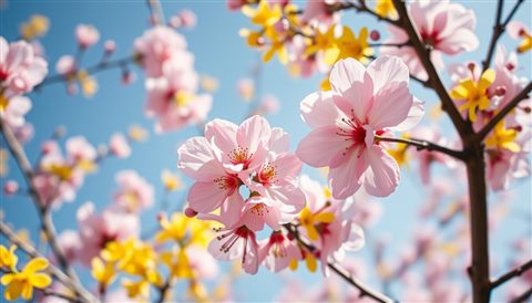 Cinematic film still of Close-up of delicate pink cherry blossoms and yellowForsythia branches blooming vibrantly against a clear spring sky., close-up detail with shallow depth of field, vivid colors, high contrast, energetic, 16:9 aspect ratio