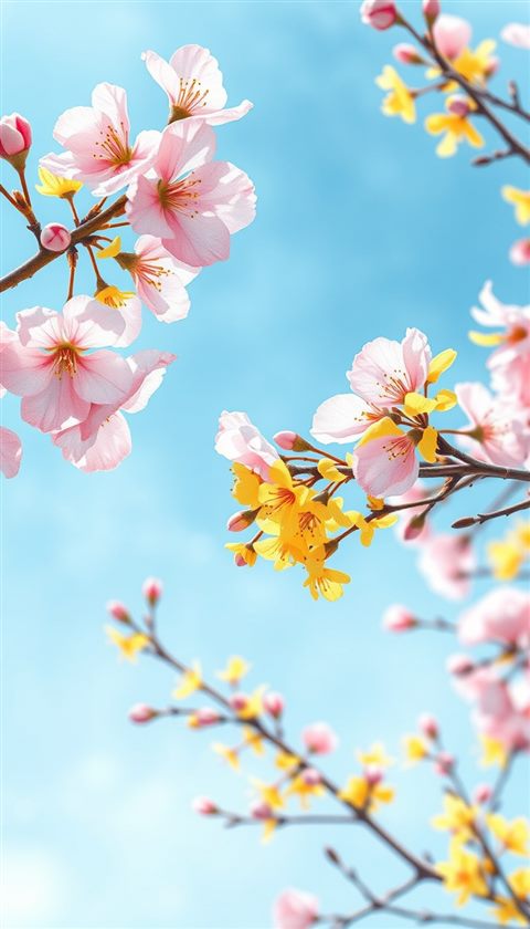 Watercolor illustration of Close-up of delicate pink cherry blossoms and yellowForsythia branches blooming vibrantly against a clear spring sky., close-up detail with shallow depth of field, cool blue tones, quiet atmosphere, 9:16 aspect ratio