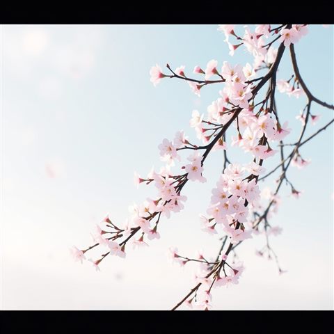Soft 3D render of Soft pastel watercolor illustration of blooming cherry blossom branches against a clear sky, high-angle view from above, misty morning haze, dreamy, 1:1 aspect ratio