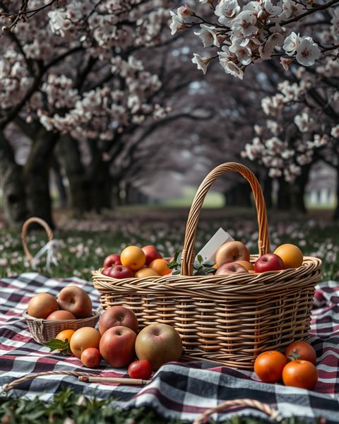 Photorealistic photo of A woven picnic basket and fresh fruits spread on a checkered blanket under cherry blossom trees, wide shot with open space at the top for text, moody dark tones, dramatic lighting, 4:5 aspect ratio