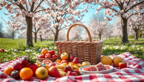 Cinematic film still of A woven picnic basket and fresh fruits spread on a checkered blanket under cherry blossom trees, centered subject with a simple uncluttered composition, vivid colors, high contrast, energetic, 16:9 aspect ratio