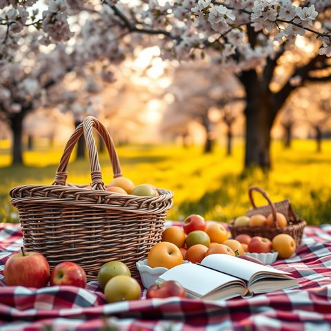 Photorealistic photo of A woven picnic basket and fresh fruits spread on a checkered blanket under cherry blossom trees, close-up detail with shallow depth of field, warm golden light, calm mood, 1:1 aspect ratio