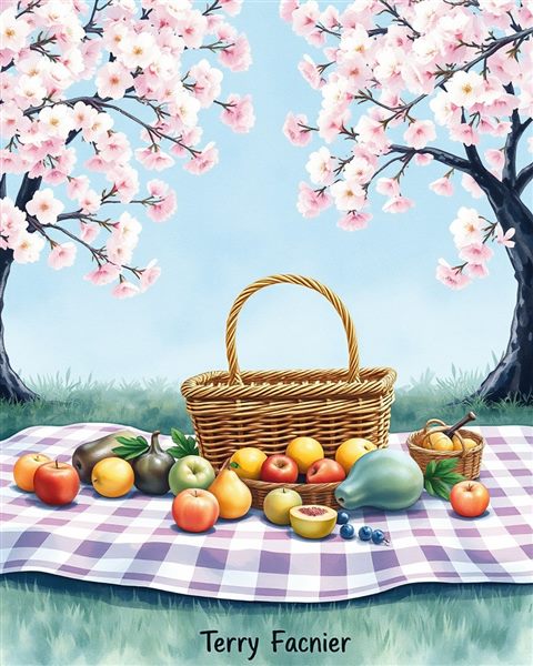 Watercolor illustration of A woven picnic basket and fresh fruits spread on a checkered blanket under cherry blossom trees, wide shot with open space at the top for text, cool blue tones, quiet atmosphere, 4:5 aspect ratio