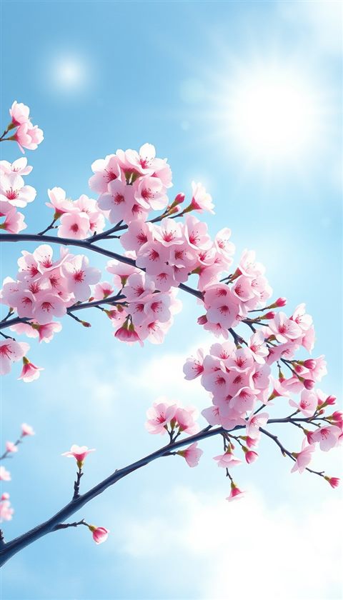 Watercolor illustration of Blooming cherry blossom branches against a soft, sunlit spring sky., high-angle view from above, cool blue tones, quiet atmosphere, 9:16 aspect ratio