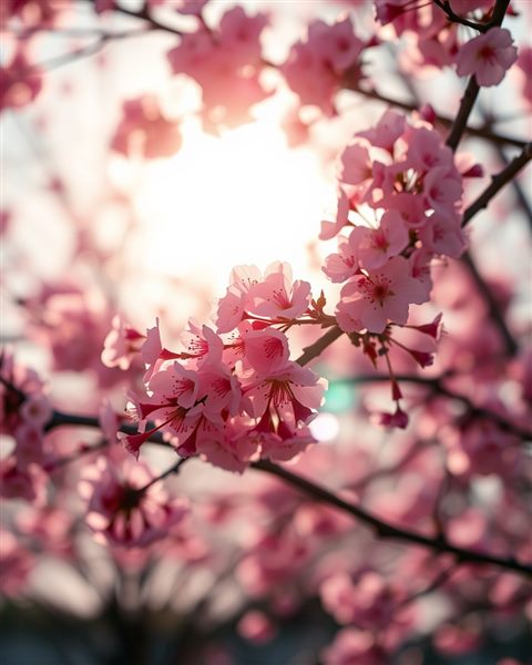 Cinematic film still of Blooming cherry blossom branches against a soft, sunlit spring sky., close-up detail with shallow depth of field, vivid colors, high contrast, energetic, 4:5 aspect ratio
