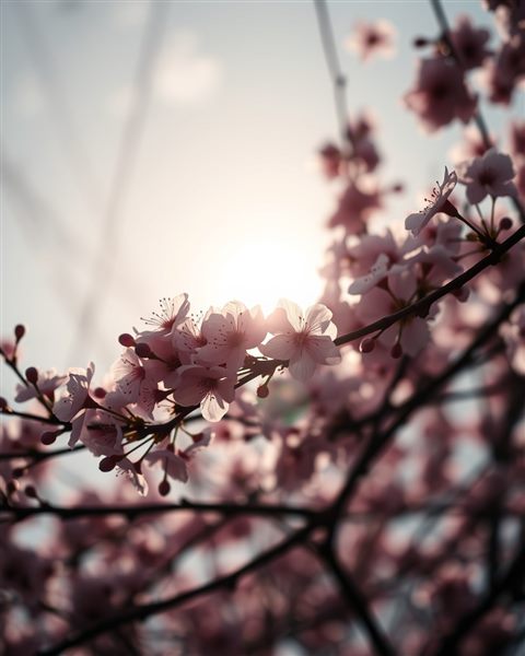 Photorealistic photo of Blooming cherry blossom branches against a soft, sunlit spring sky., close-up detail with shallow depth of field, moody dark tones, dramatic lighting, 4:5 aspect ratio