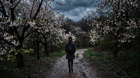 Photorealistic photo of spring scene with blossoming trees, centered subject with a simple uncluttered composition, moody dark tones, dramatic lighting, 16:9 aspect ratio