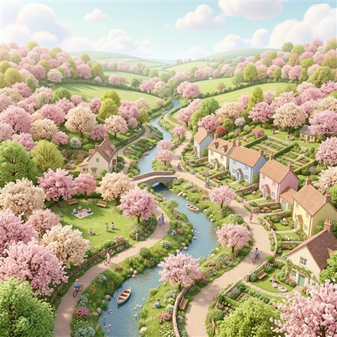 Soft 3d render of spring scene with blossoming trees, high-angle view from above, soft pastel colors, bright and cozy, 1:1 aspect ratio