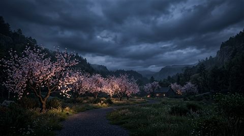 Soft 3d render of spring scene with blossoming trees, wide shot with open space at the top for text, moody dark tones, dramatic lighting, 16:9 aspect ratio