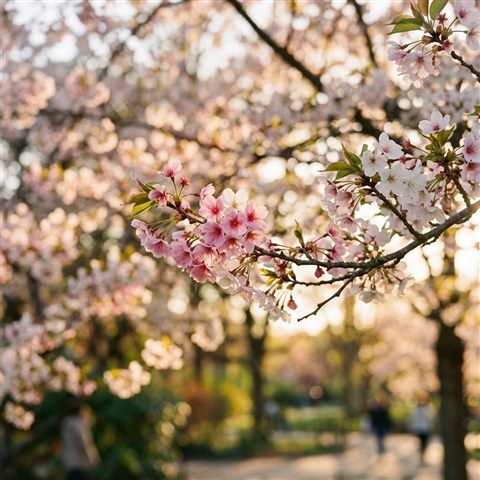 Photorealistic photo of spring scene with blossoming trees, close-up detail with shallow depth of field, warm golden light, calm mood, 1:1 aspect ratio