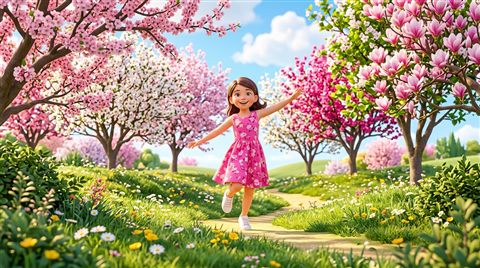 Soft 3d render of spring scene with blossoming trees, centered subject with a simple uncluttered composition, vivid colors, high contrast, energetic, 16:9 aspect ratio
