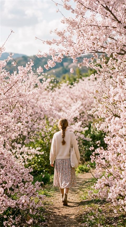 Cinematic film still of spring scene with blossoming trees, centered subject with a simple uncluttered composition, soft pastel colors, bright and cozy, 9:16 aspect ratio