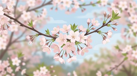 Minimal flat illustration of spring scene with blossoming trees, close-up detail with shallow depth of field, soft pastel colors, bright and cozy, 16:9 aspect ratio