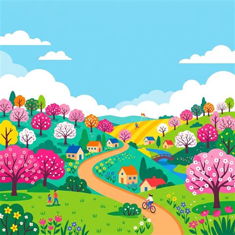 Minimal flat illustration of spring scene with blossoming trees, wide shot with open space at the top for text, vivid colors, high contrast, energetic, 1:1 aspect ratio
