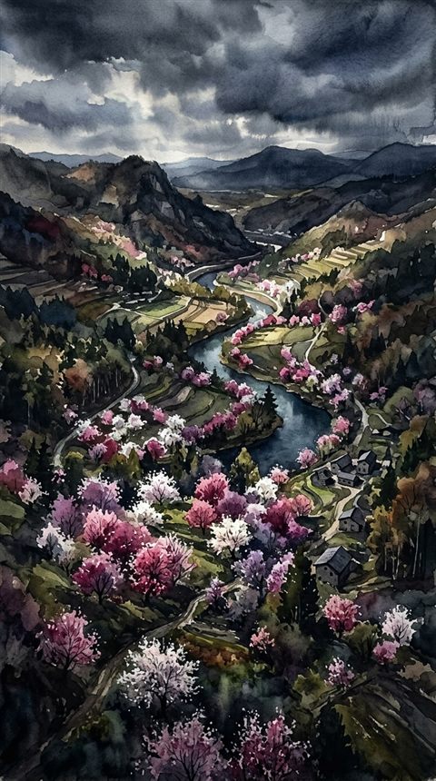 Watercolor illustration of spring scene with blossoming trees, high-angle view from above, moody dark tones, dramatic lighting, 9:16 aspect ratio