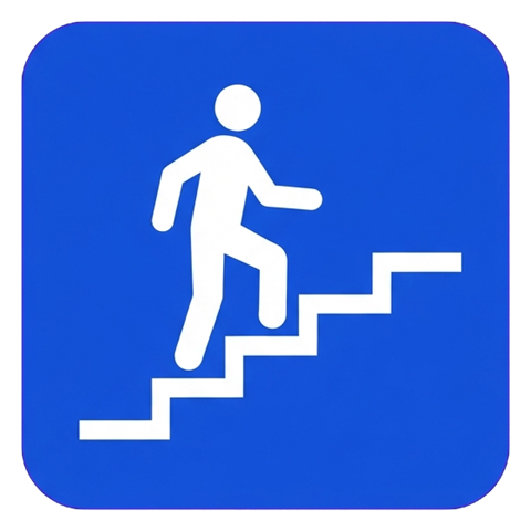 Pictogram sign, white figure on a solid blue rounded square of a stairs pictogram with a person climbing steps, transparent background PNG