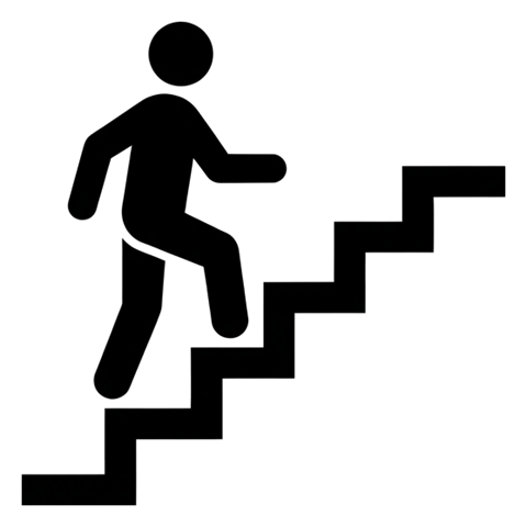 Standard pictogram, solid black figure of a stairs pictogram with a person climbing steps, transparent background PNG