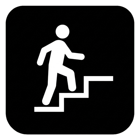 Pictogram sign, white figure on a solid black rounded square of a stairs pictogram with a person climbing steps, transparent background PNG