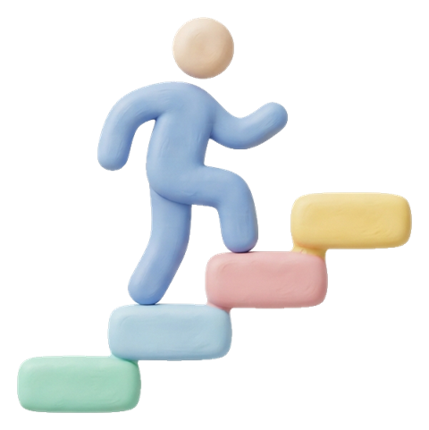 Soft 3D pictogram, pastel clay render of a stairs pictogram with a person climbing steps, transparent background PNG