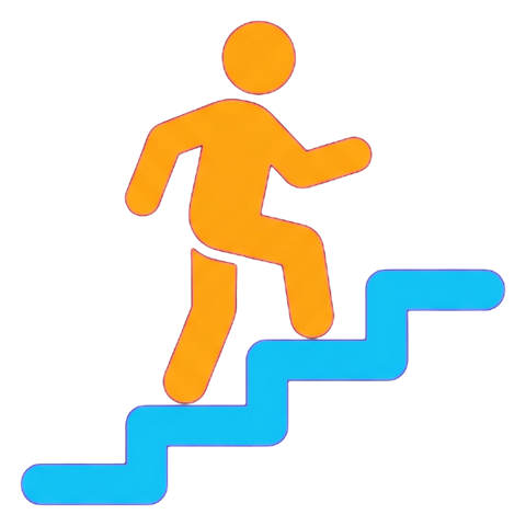 Flat color pictogram, friendly bright colors of a stairs pictogram with a person climbing steps, transparent background PNG