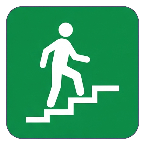 Pictogram sign, white figure on a solid green rounded square of a stairs pictogram with a person climbing steps, transparent background PNG